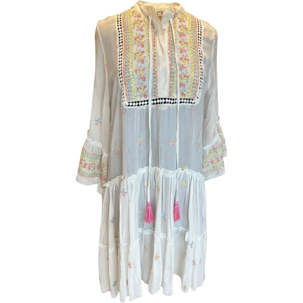 Miss June Paris White Embroidered Sequin Tassel Tiered Boho Mini Dress OS